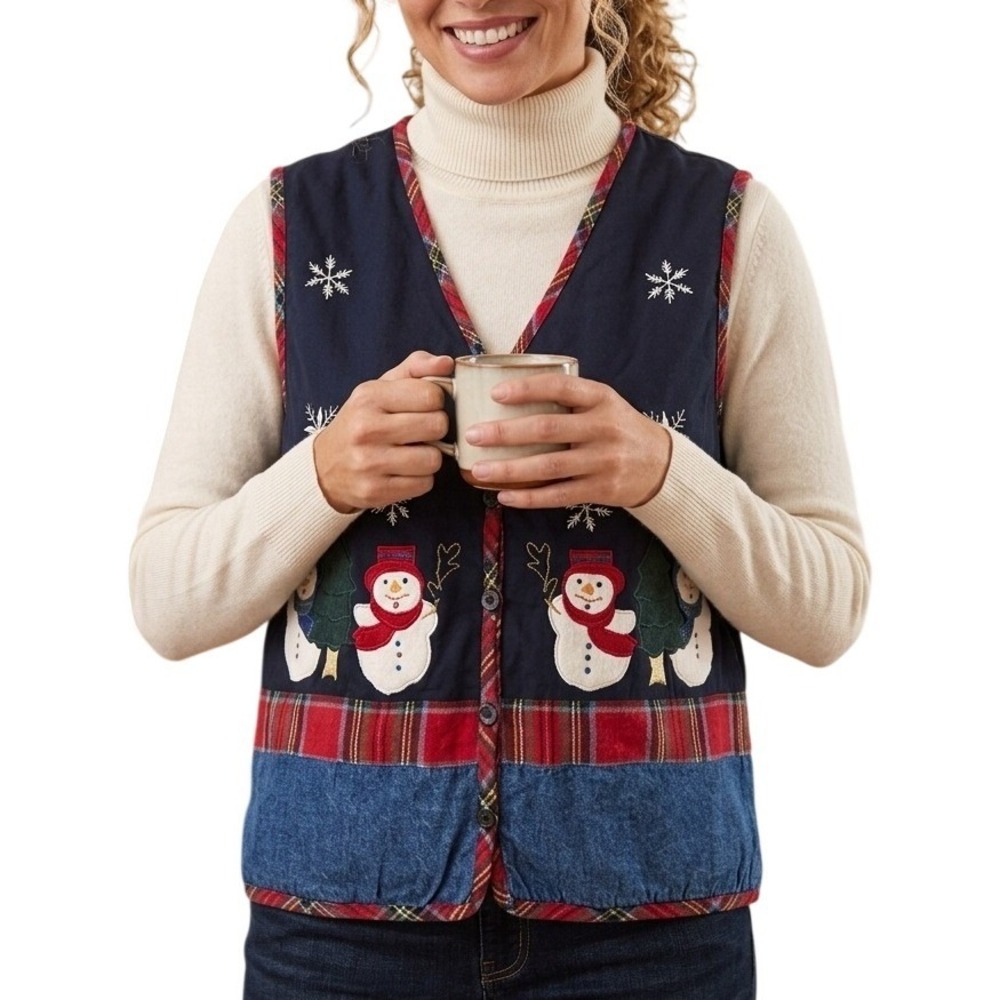 VTG Basic Editions Button Up Holiday Denim Quilted Snowman Vest Size Medium